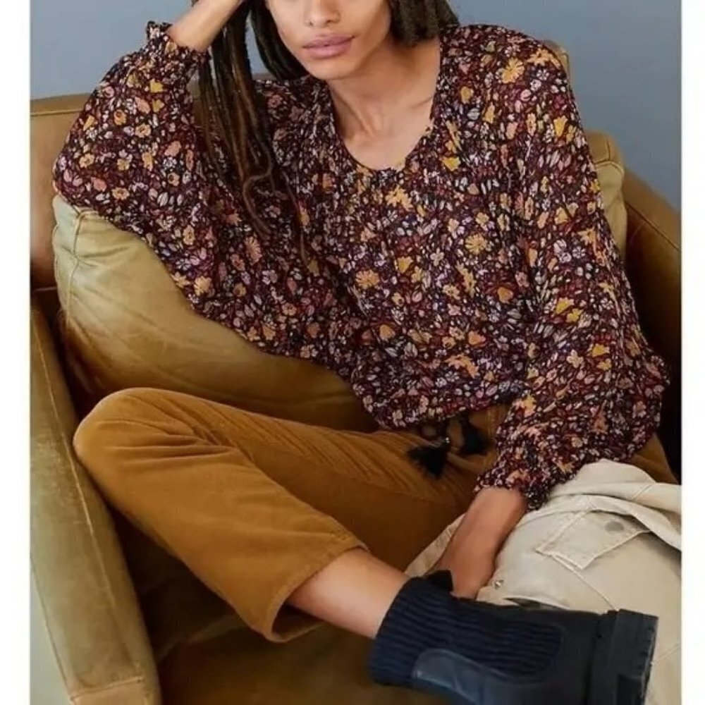 Anthropologie Pauline Balloon Sleeve Size S Black Floral Tie Waist Boho Blouse